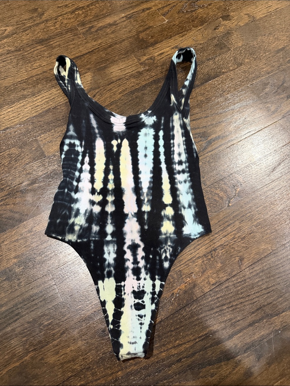 All Saints Black Tie-Dye Bodysuit with Pastel Accents